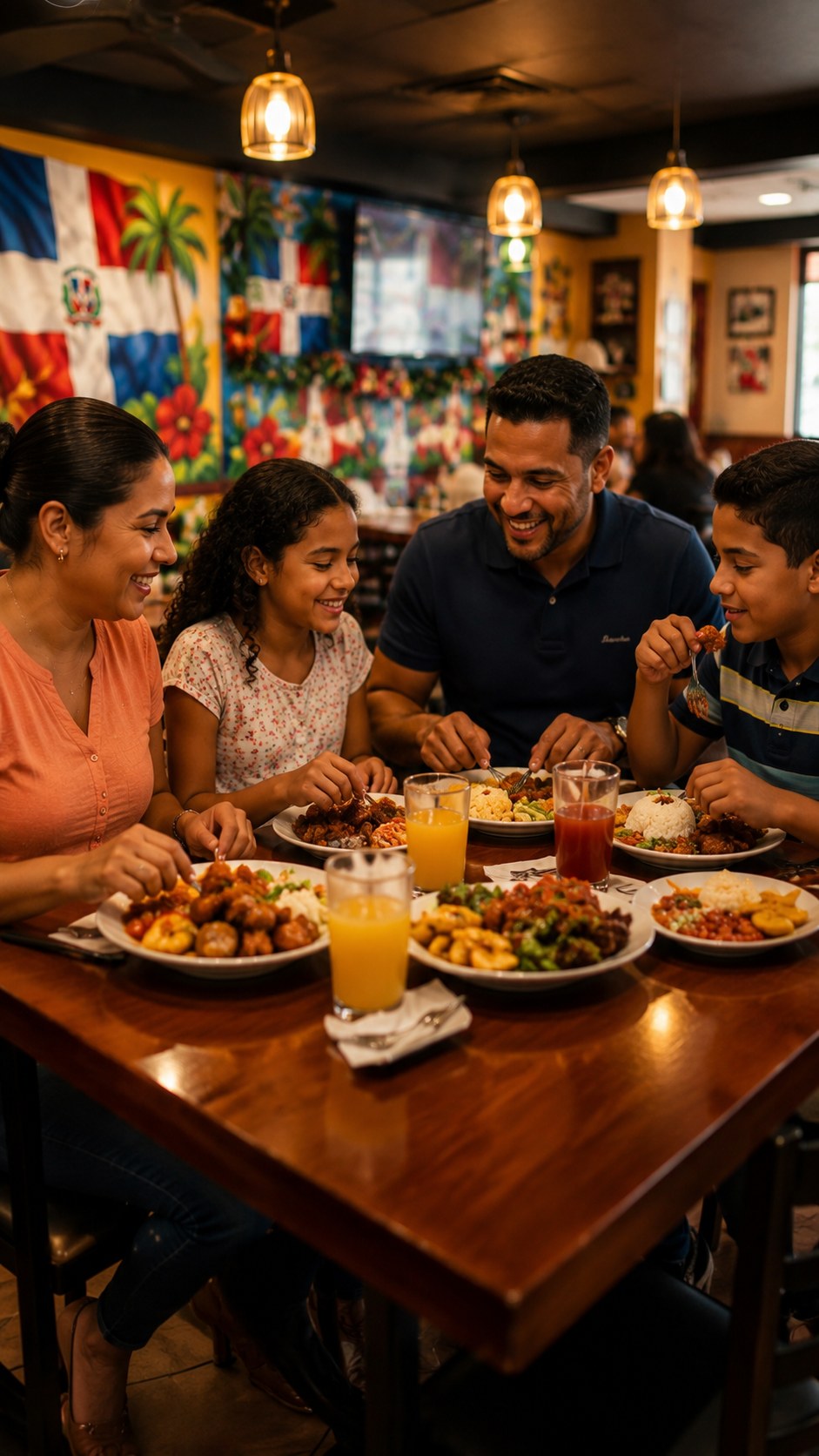 Familia disfrutando comida en Sabor Dominicano