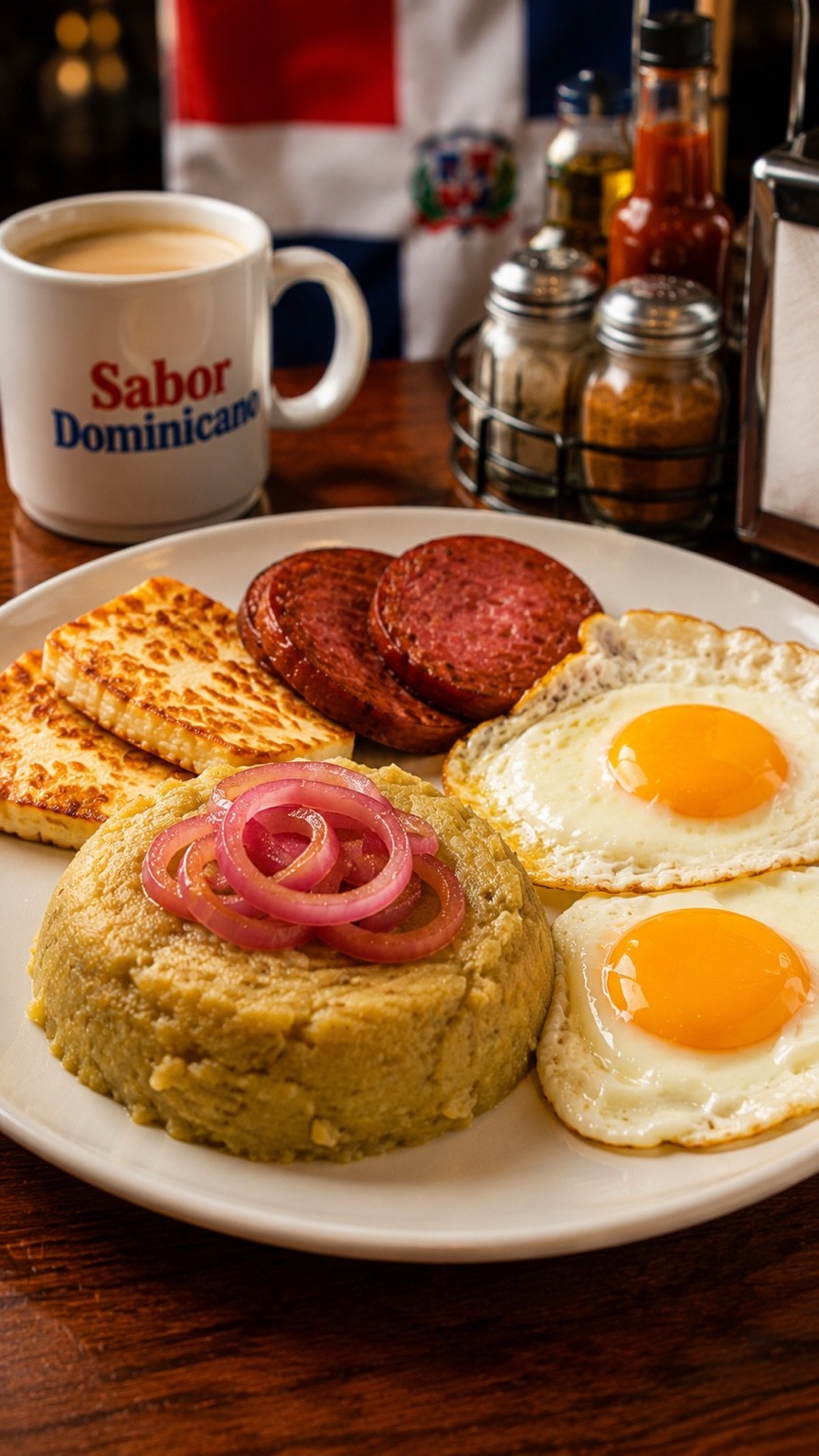 Los Tres Golpes con mangú, salami, queso frito y huevos